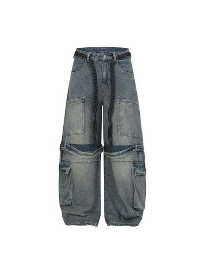 Multi-Pocket Washed Curved Wide Leg Cargo Denim Jeans WN24221