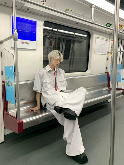 Striped Shoulder Lapel Short Sleeve Jacket & Wide Leg Pants Setup WN19777