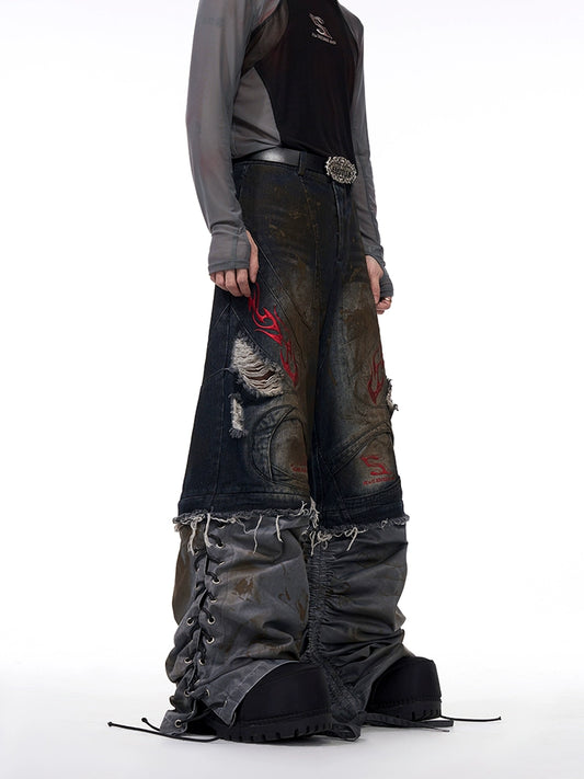 Detachable Leg Washed Embroidery Wide Leg Denim Jeans WN16568