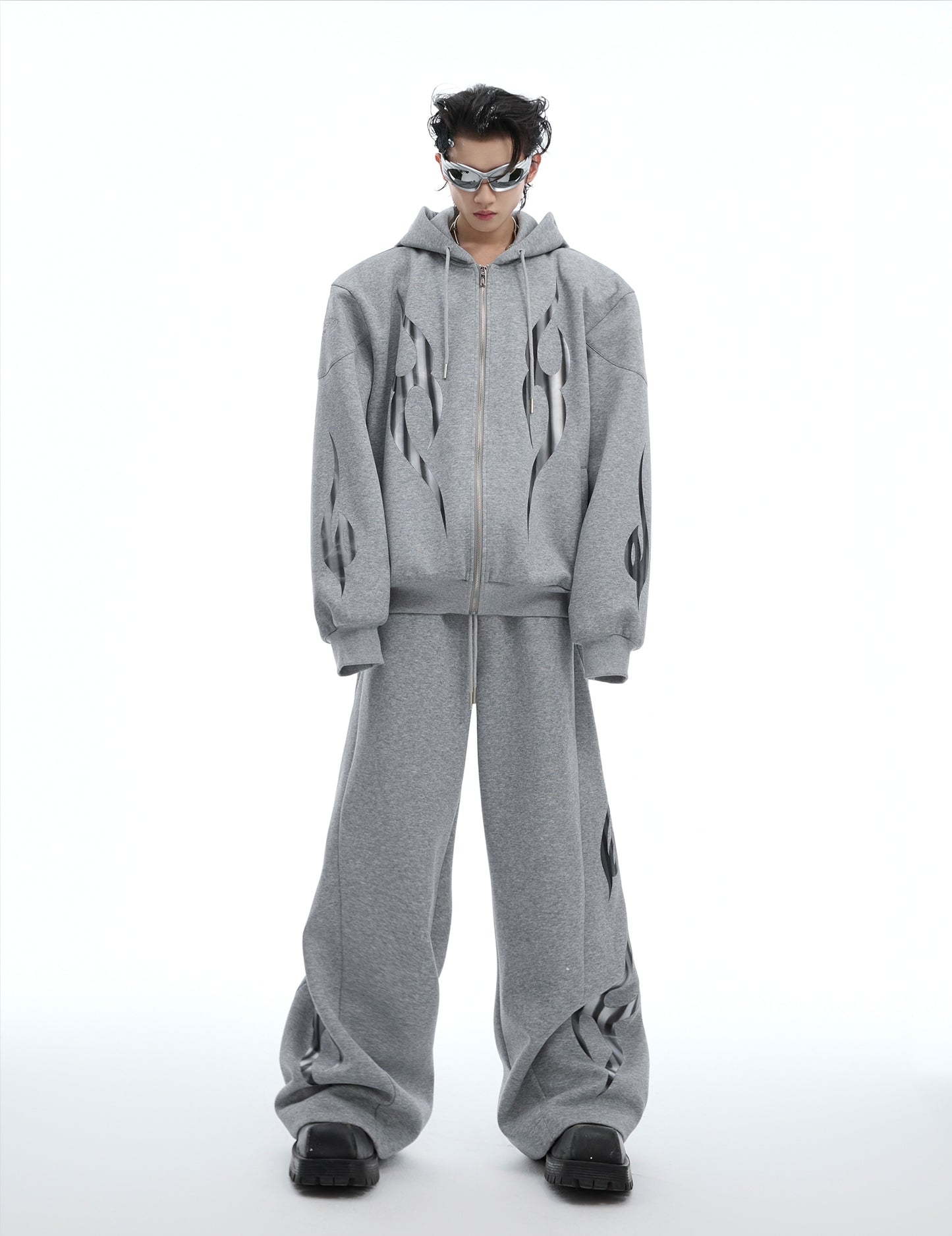 Heavyweight Print Oversize Zipper Hoodie & Wide-leg Sweatpants Setup WN8651