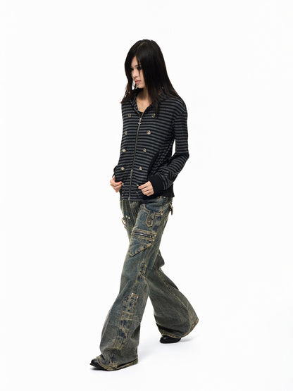 Stripe Decorative Button Cross Zipper Pull Zipper Hoodie WN27308