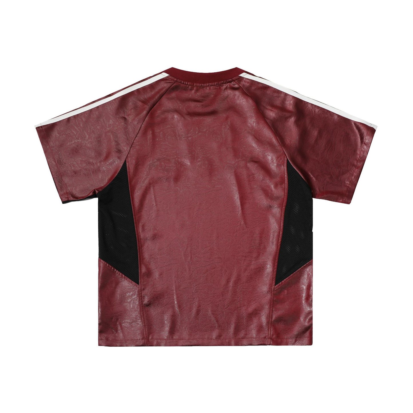 Chest Emblem PU Leather Stitching V-Neck Oversize Short Sleeve T-Shirt WN25655