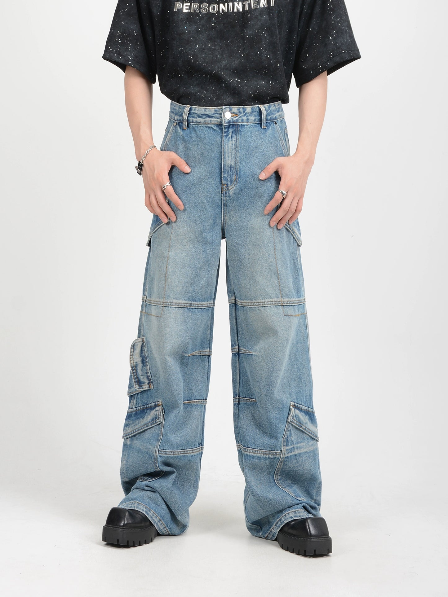 Washed Multi-Pocket Wide-Leg Straight Cargo Denim Jeans WN7141