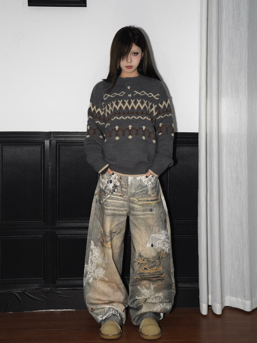 Fair Isle Pattern Knit Sweater WN22213