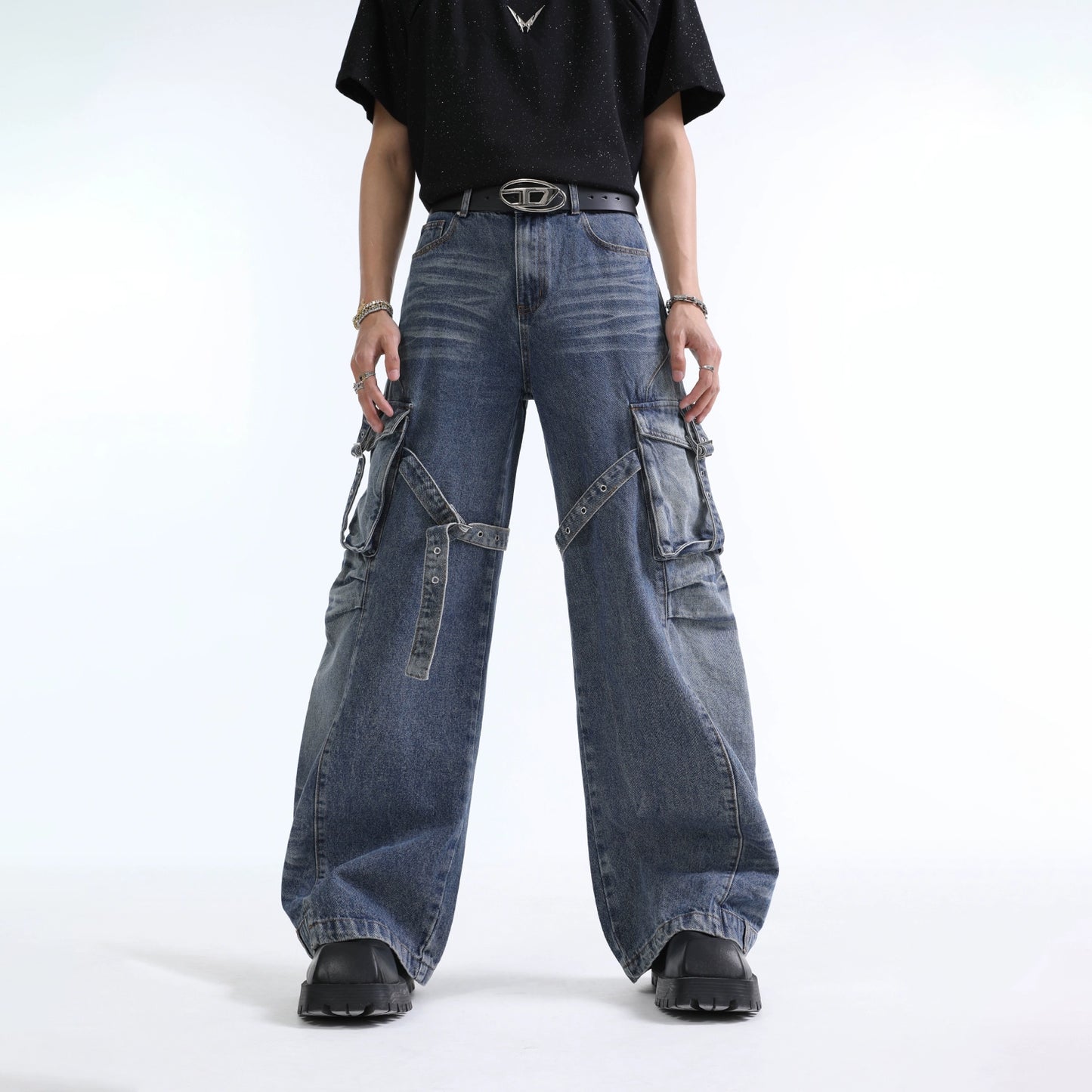 Multi Pocket Cargo Wide Leg Denim Jeans WN7338