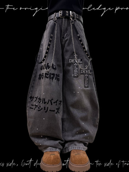 Graffiti Chain Strap Wide Leg Denim Jeans & Skull Belt & Cross Belt & Belt Chain WN23831