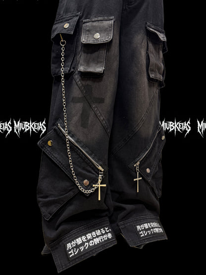 Chain Strap Pocket Letter Print Cargo Denim Jeans & Skull Belt & Belt Chain WN23783
