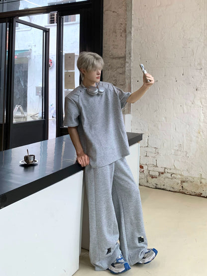 Damage Plain Short Sleeve T-Shirt & Wide Leg Pants Setup WN19729