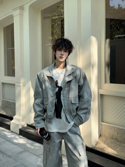 Washed Workwear Straight Oversize Denim Jacket & Wide Leg Straight Cargo Denim Jeans Setup WN23170