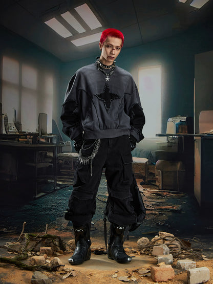 Deconstructed Patchwork Star Raw Hem Oversize Sweatshirt WN20573