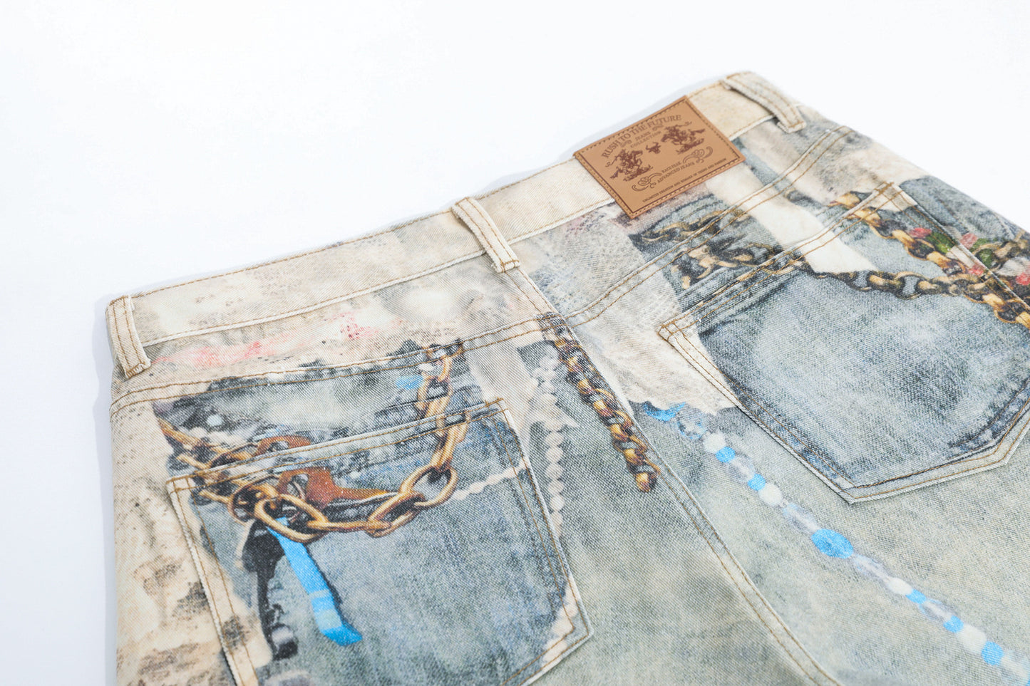 Pearl Chain Collage Print Denim Half Jeans WN25425