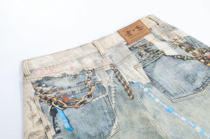 Pearl Chain Collage Print Denim Half Jeans WN25425