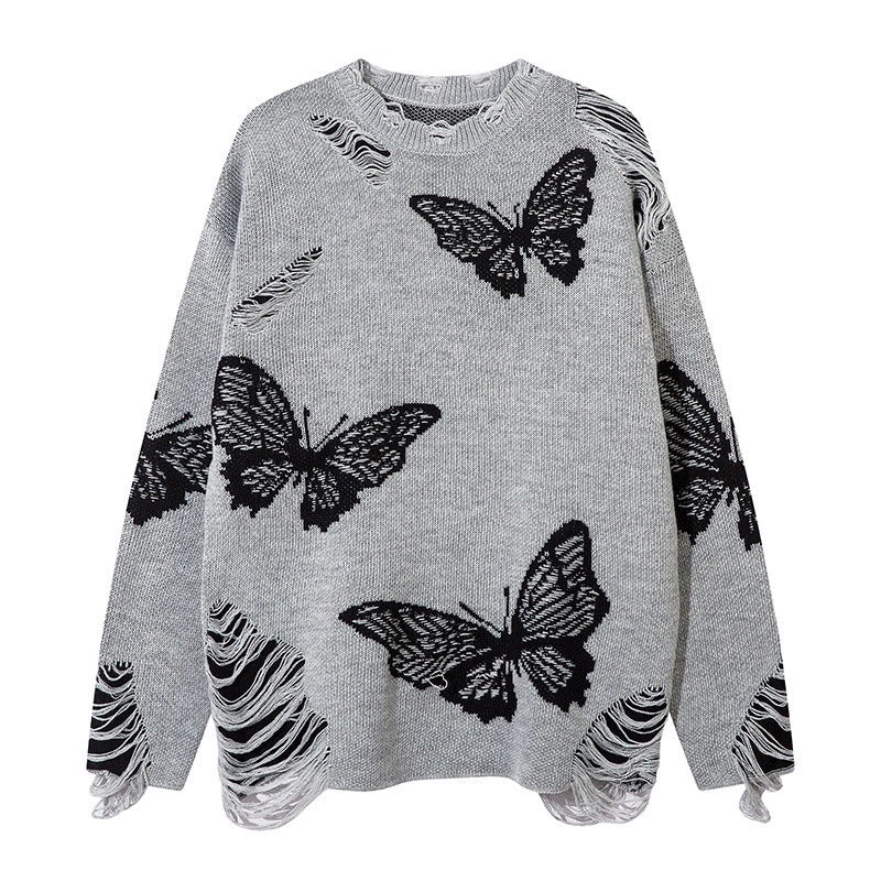 Butterfly Damage Oversize Knit Sweater WN10901