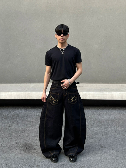 Embroidery Design Baggy Wide Leg Denim Jeans WN19421