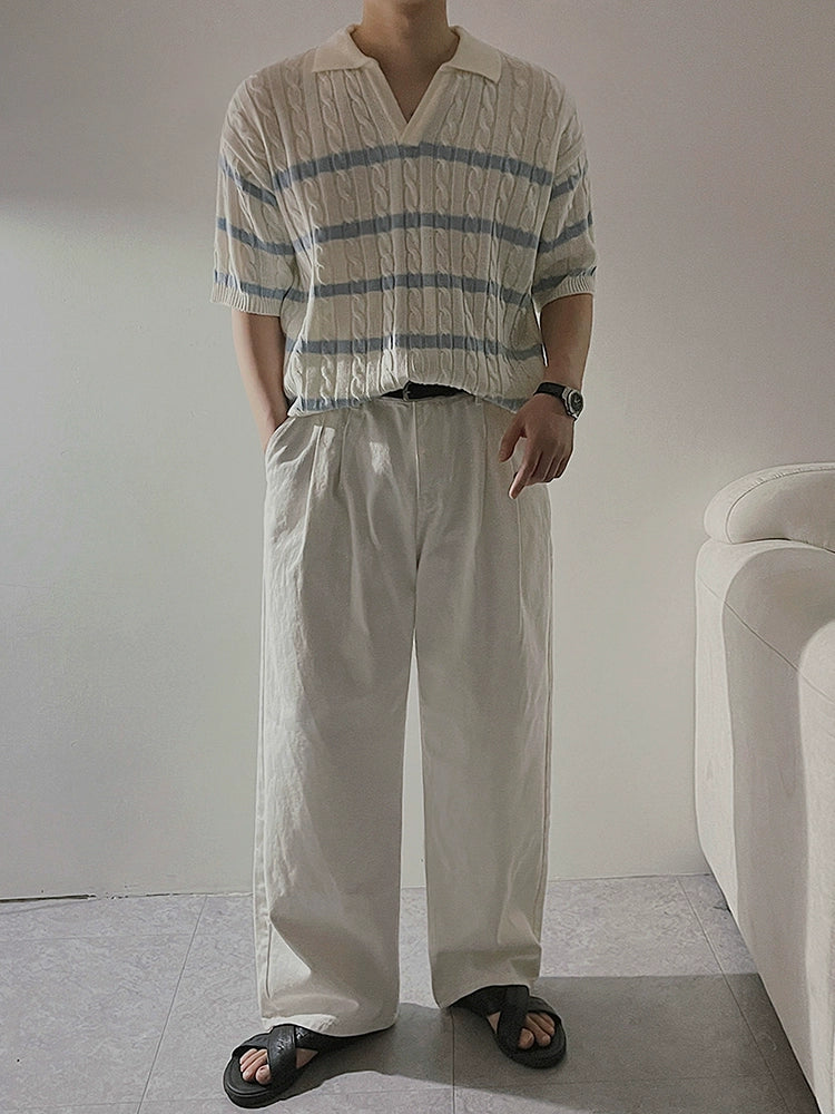 Cable Striped Collar Short Sleeve Knit Polo Shirt WN20302