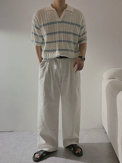 Cable Striped Collar Short Sleeve Knit Polo Shirt WN20302