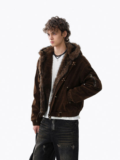 Hooded Fake Fur Collar Metal Buckle Jacket WN23092