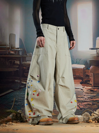 Cartoon Embroidery Wide Leg Pants WN21366