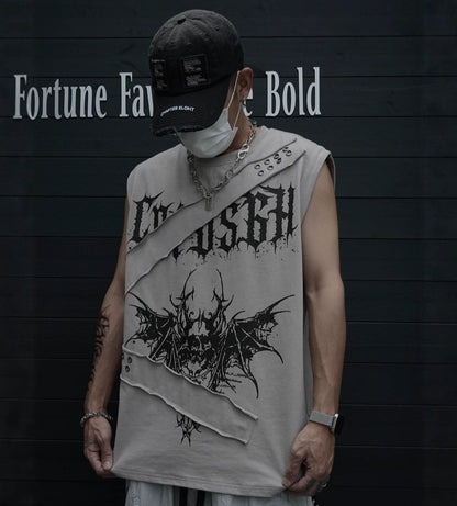 Asymmetric Studs Graphic Sleeveless T-Shirt WN28035