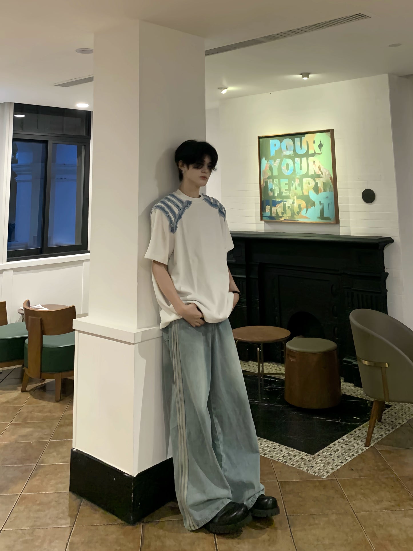 Denim Stripe Patchwork Short Sleeve T-Shirt WN19801