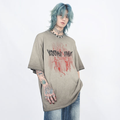 Wash Cross Print Oversize Short Sleeve T-Shirt WN5217