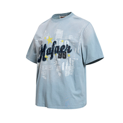 Star Applique Embroidery Washed Short Sleeve T-Shirt WN25651