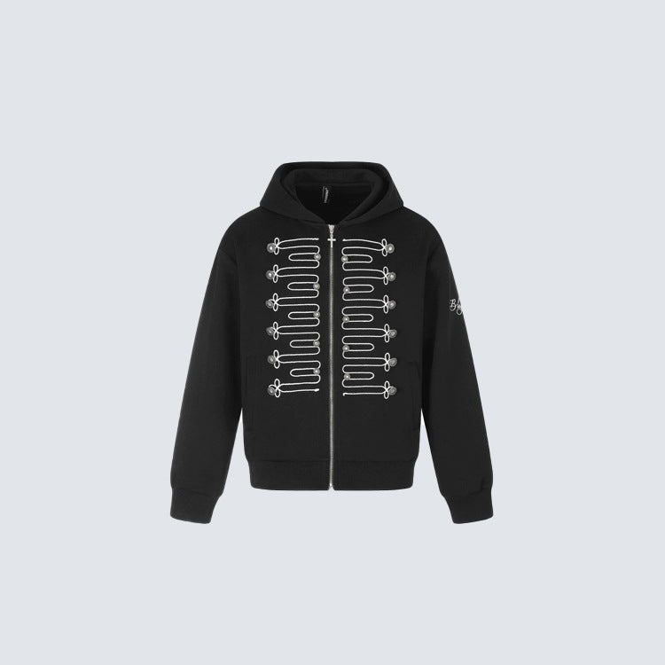 Knot Embroidery Metal Stud Cross Zipper Hoodie WN27796
