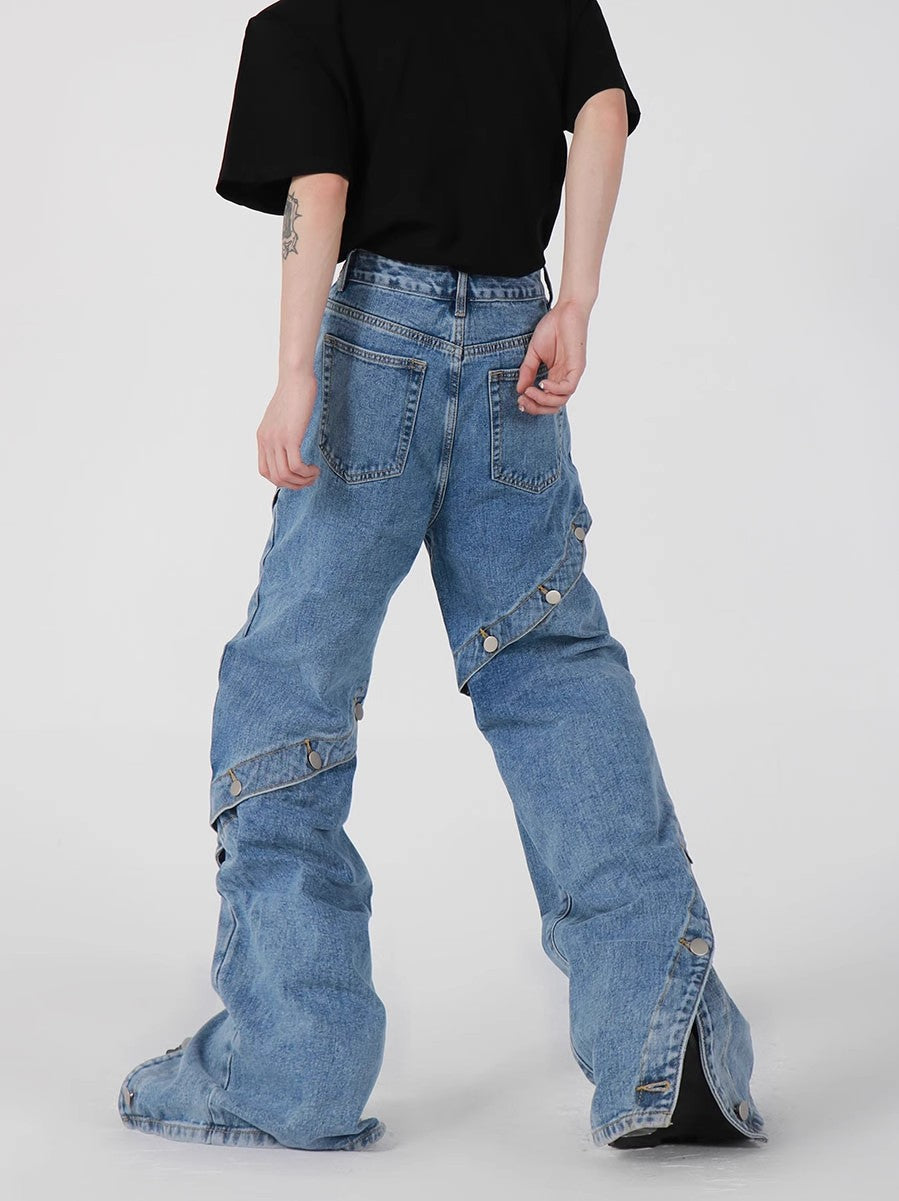 Slit Metal Button Design Wide-Leg Straight Denim Jeans WN6959