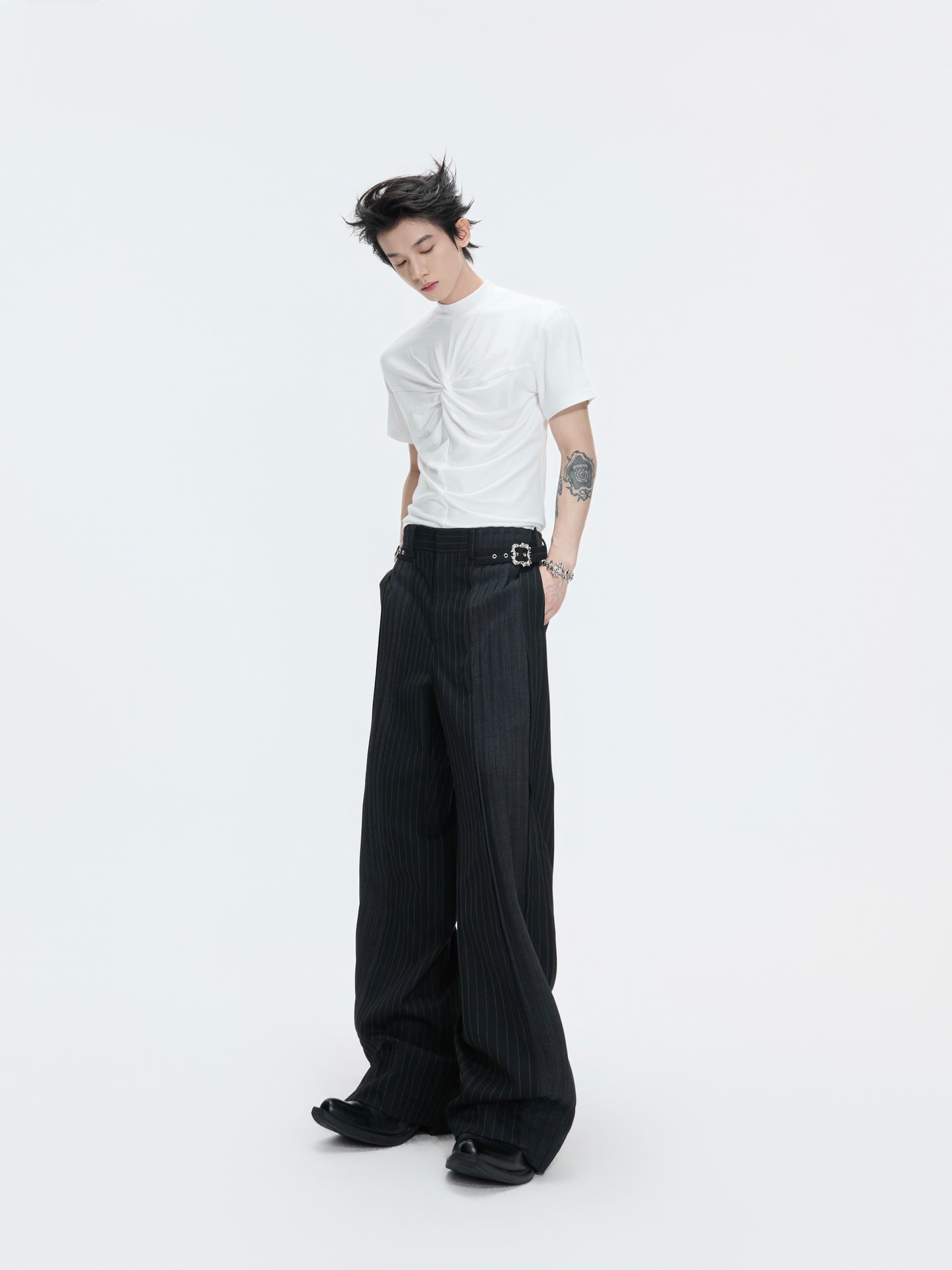 Decorative Buckle Stripe Patchwork Wide Leg Trousers WN27003