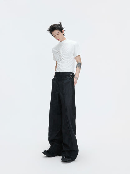 Decorative Buckle Stripe Patchwork Wide Leg Trousers WN27003