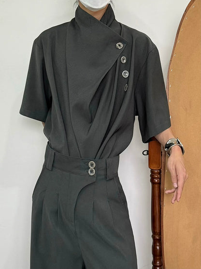 Asymmetry Button Design Short Sleeve Shirt WN19952