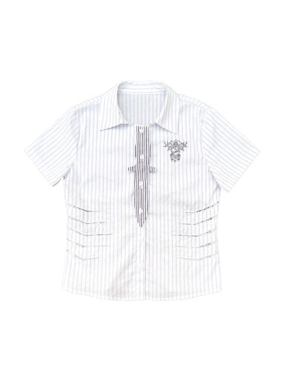 Lace Dagger Patchwork Print Short Sleeve Shirt WN19100