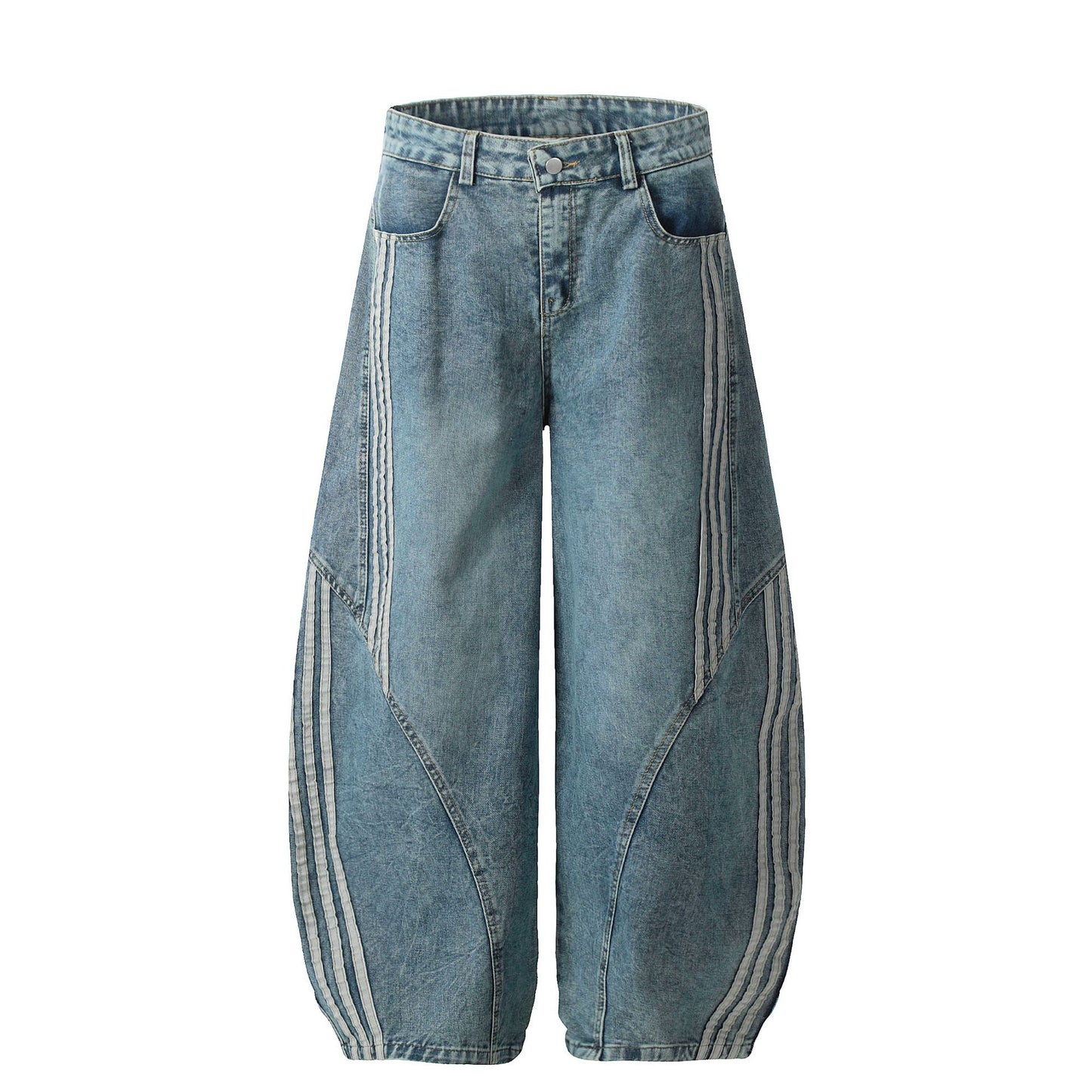 Washed Triple Stripe Panel Design Wide Leg Denim Jeans WN25432