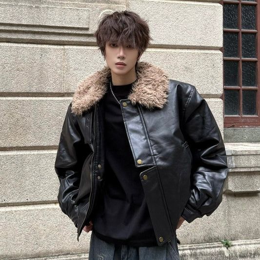Fake Fur Collar Zip-Up PU Leather Jacket WN23146