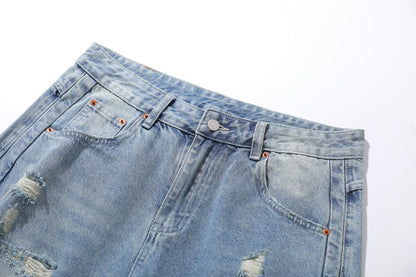 Wash Damage Straight Wide Leg Denim Jeans WN25646