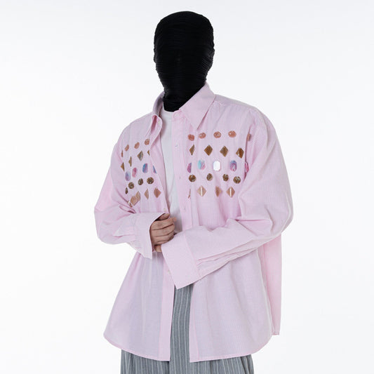 Stripe Gem Embroidery Design Long Sleeve Shirt WN23625