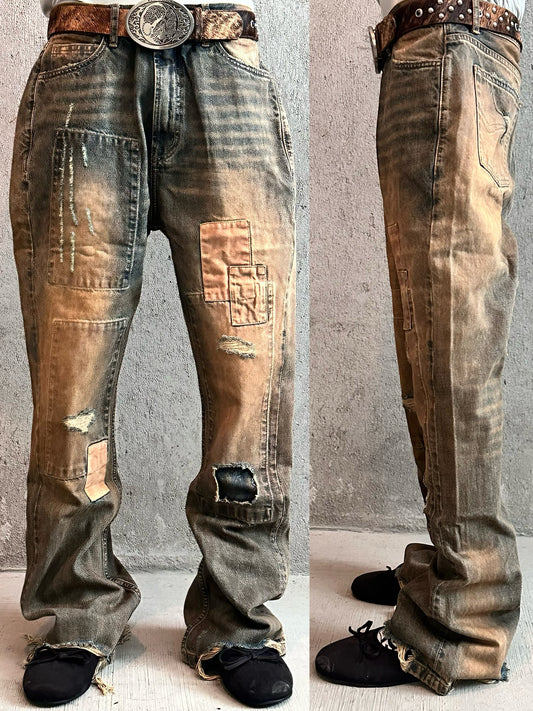 Mix Patchwork Damage Design Straight Denim Jeans WN19688