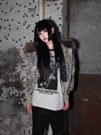 Leopard Fake Fur-Collar Short Zipper Jacket WN22199