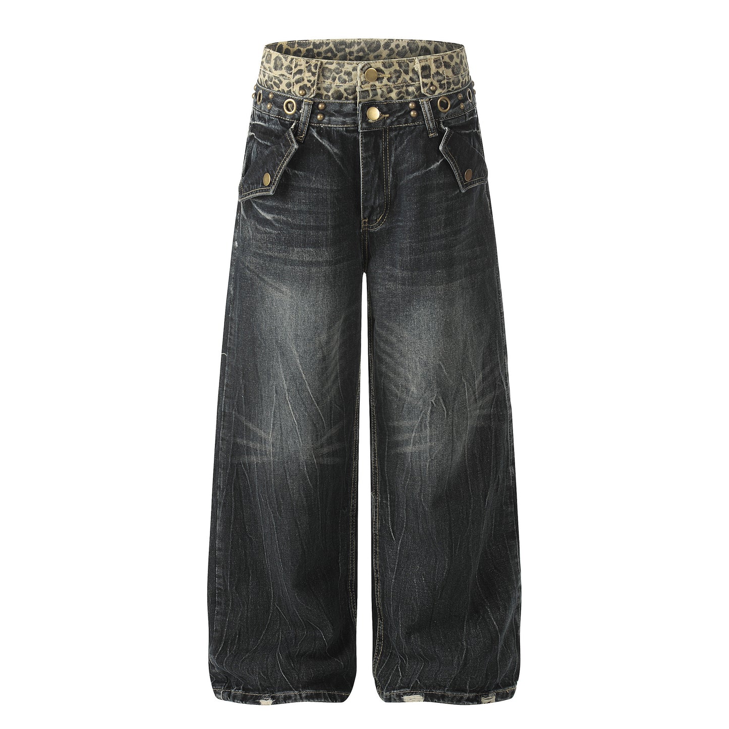 Leopard Waistband Washed Whisker Wide Leg Denim Jeans WN25566
