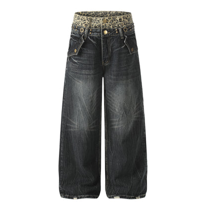 Leopard Waistband Washed Whisker Wide Leg Denim Jeans WN25566