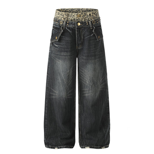 Leopard Waistband Washed Whisker Wide Leg Denim Jeans WN25566
