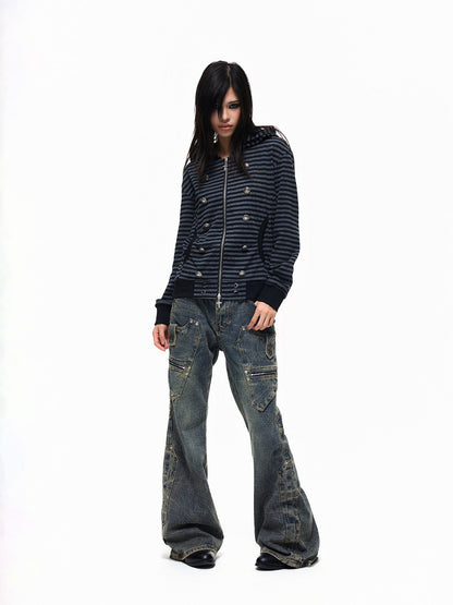 Multi-Pocket Panel Washed Wide Leg Denim Jeans WN27345