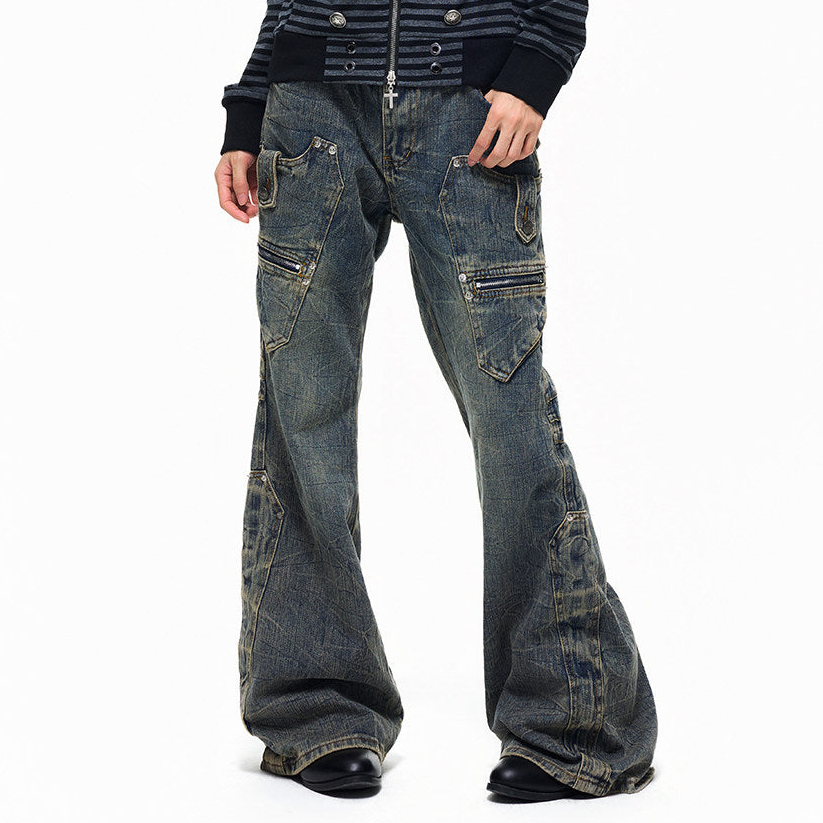 Multi-Pocket Panel Washed Wide Leg Denim Jeans WN27345