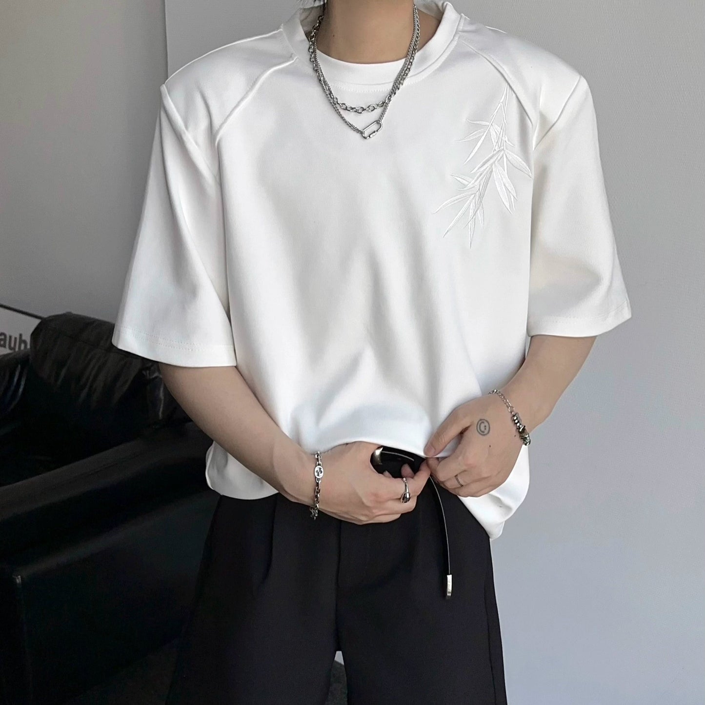 Shoulder-Pad Chinese Style Oversize Short Sleeve T-Shirt WN19348