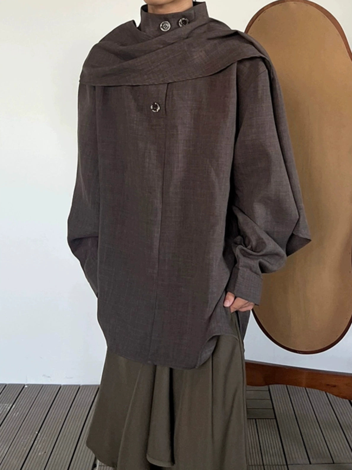 Stand Neck Scarf-Tie Long Sleeve Shirt WN19975