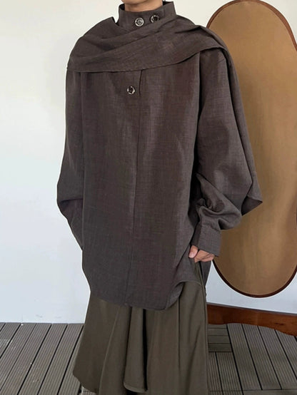 Stand Neck Scarf-Tie Long Sleeve Shirt WN19975