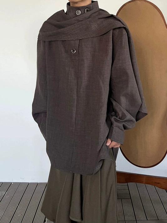 Stand Neck Scarf-Tie Long Sleeve Shirt WN19975