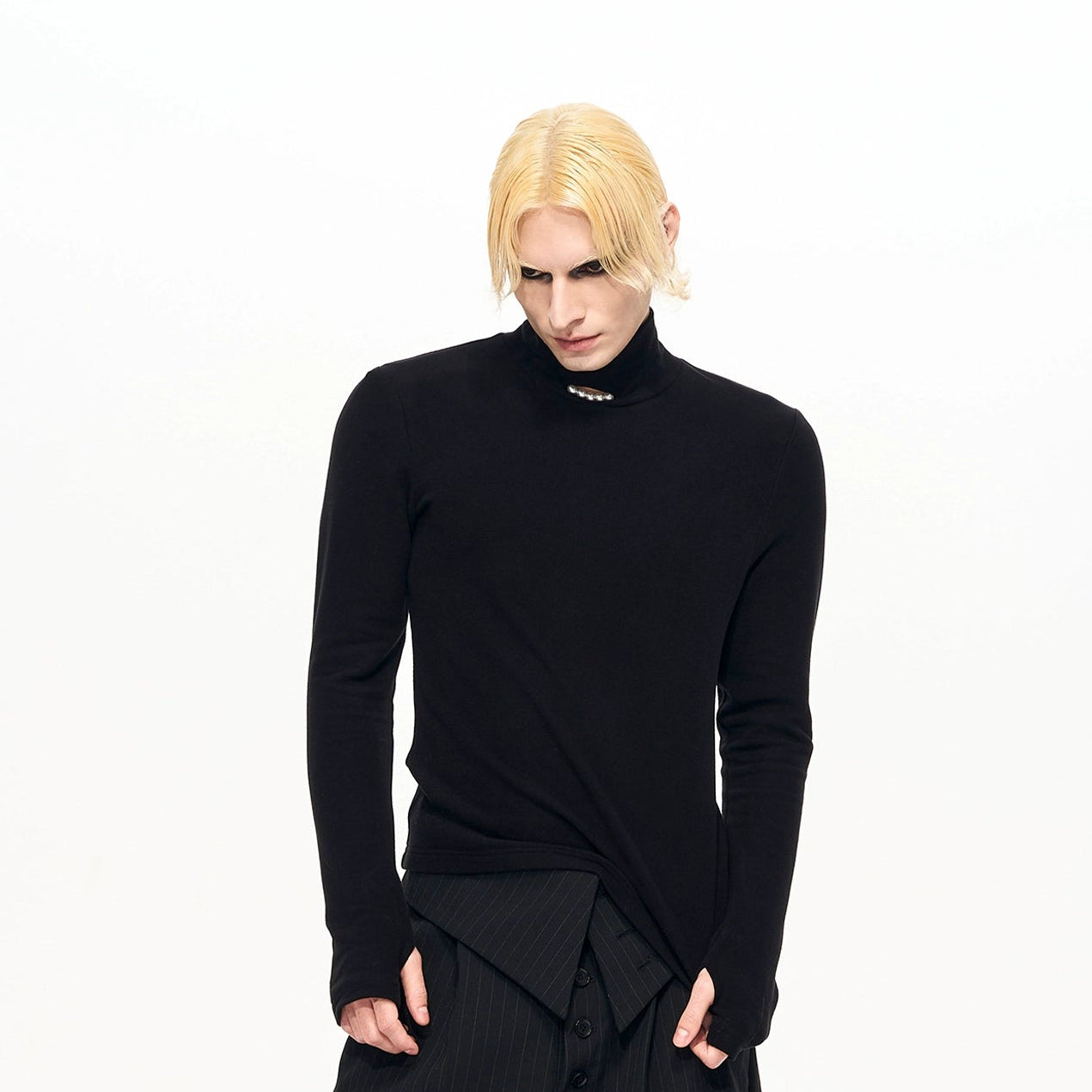 High-Neck Pearl Detail Long Sleeve T-Shirt WN22122