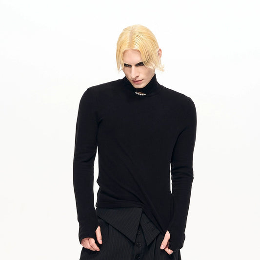High-Neck Pearl Detail Long Sleeve T-Shirt WN22122
