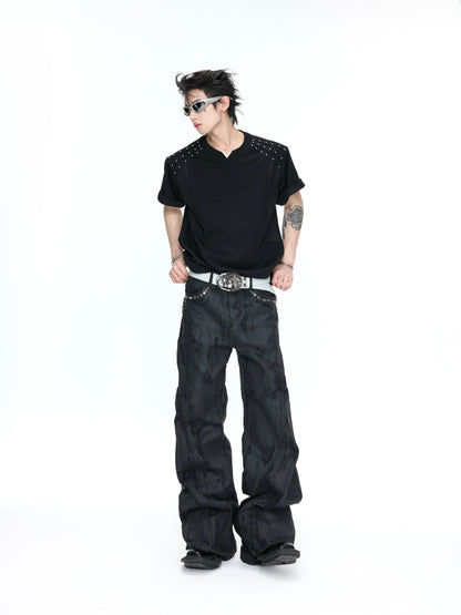 Three-Pleat Stud Patchwork Boxy Short Sleeve T-Shirt WN26983